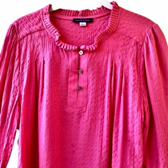 Tommy Hilfiger Blouse Coral Top Puckered Long Sleeve Neck Button Womens Large - Picture 11 of 14